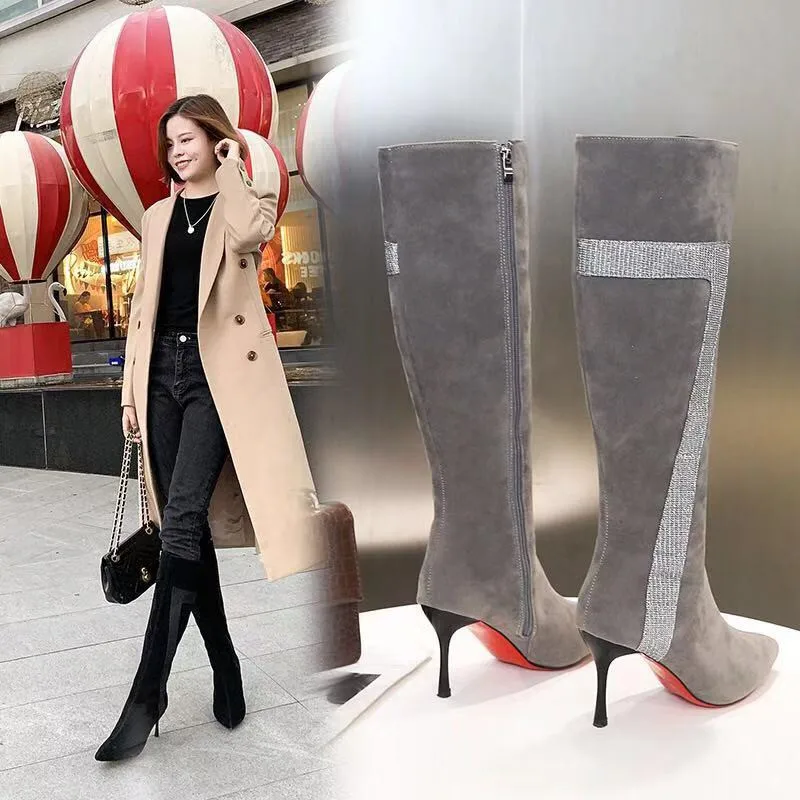 New Black Knee-High Boots Female Zipper Long Fenty Beauty High Heels Riding Women's Red Bottom botines mujer |