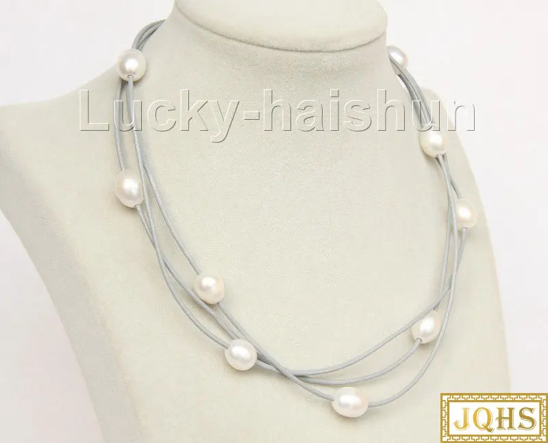 

40 см-45 см регулируемое 3-рядное белое пресноводное жемчужное серое кожаное ожерелье 18KGP с застежкой j9913