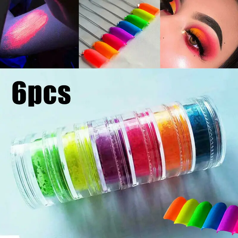 

6pcs Eyeshadow Pigment Nail Glitters Powder Fluorescence Yellow Pink Neon Shimmer Pigment Eye Shadow Uv Gel Manicure Decoration