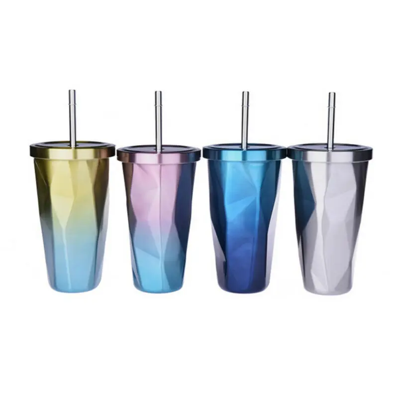 Креативные чашки из нержавеющей стали с алмазным градиентом и соломинкой 500 мл