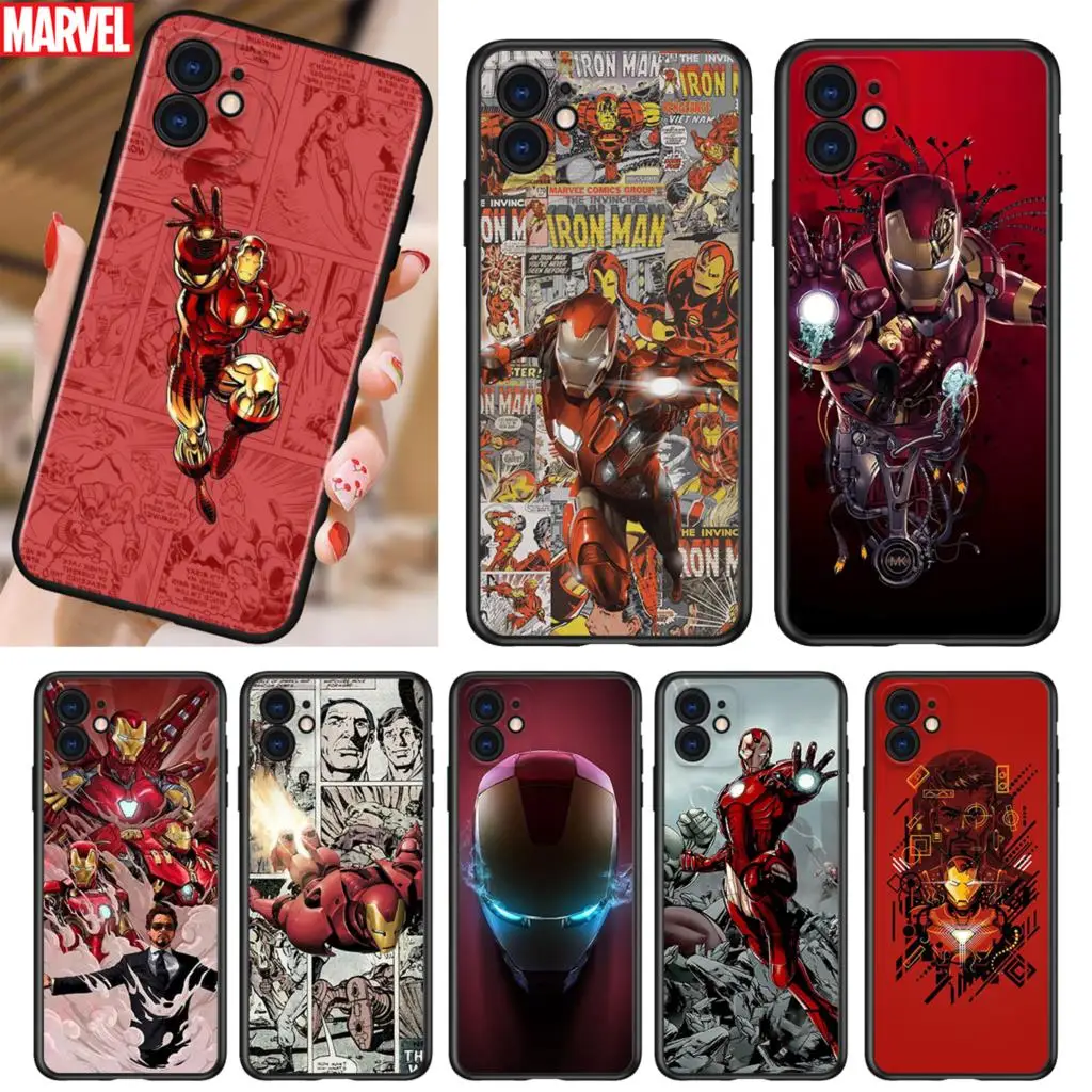 

Marvel iron man Cartoon for iPhone 5 5S 6 7 8 X XR XS 11 SE 12 2020 mini Plus Pro MAX TPU Black Soft Cover