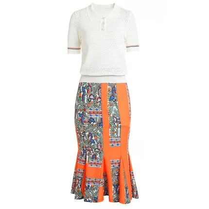 

Will Europe and the United States women's fashion show thin hollow out lapel shirt printing fishtail skirt bust suit two-piece o