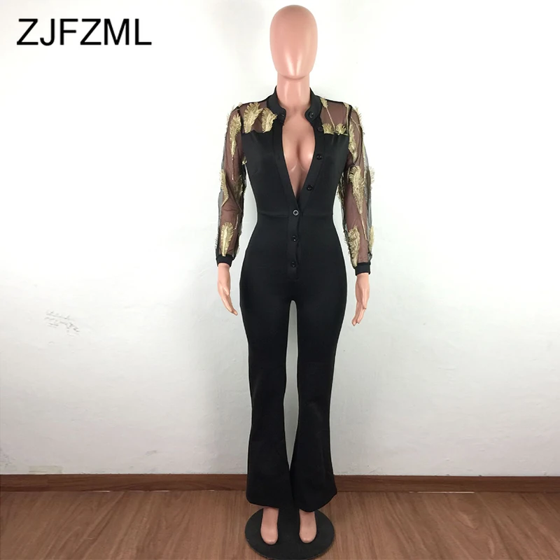 Пикантные сетчатые комбинезоны с вышивкой перьев женские офисные длинным