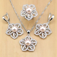 flower 925 silver jewelry sets pink freshwater pearls with beads decorations for women pendant drop earrings rings necklace set
