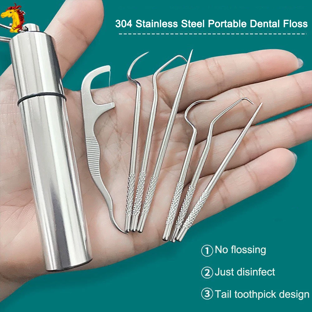 

1 Set Teeth Cleaning Stainless Steel Toothpick Set Aluminum Metal Flossing Camping Tool Portable Holder Outdoor With Reusable