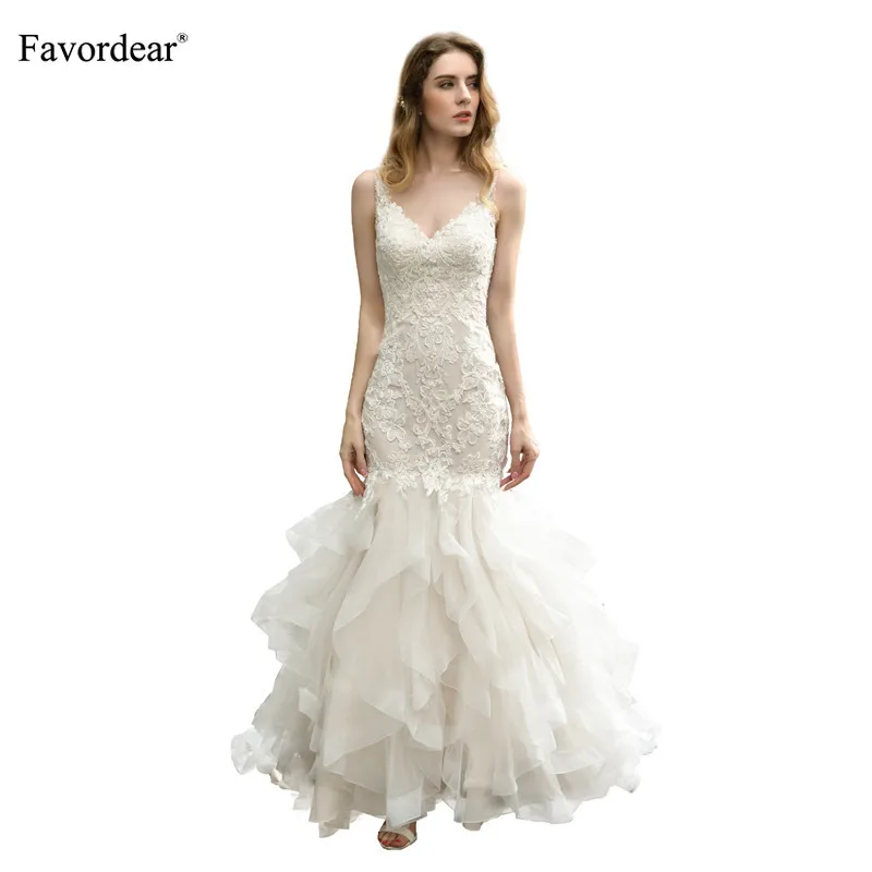 

Favordear Elegant Champagne/Ivory Spaghetti Strap Wedding Dress Vestido De Noiva Sexy Mermaid Lace Formal Dress Bridal Gown