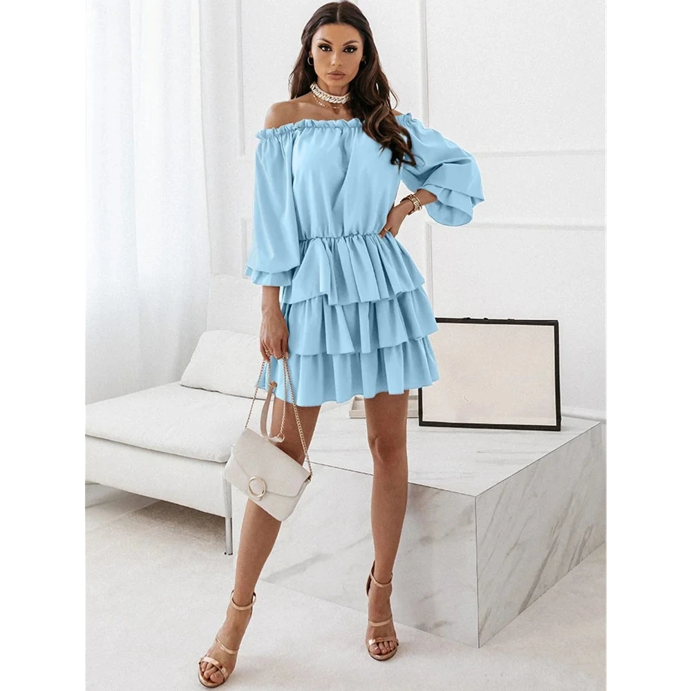 

Fashion Sexy Off-Shoulder Mini Dress Women Solid Color One-line Collar Ruffle Slim Casual Elegant Party Boho Lady Irregular Robe