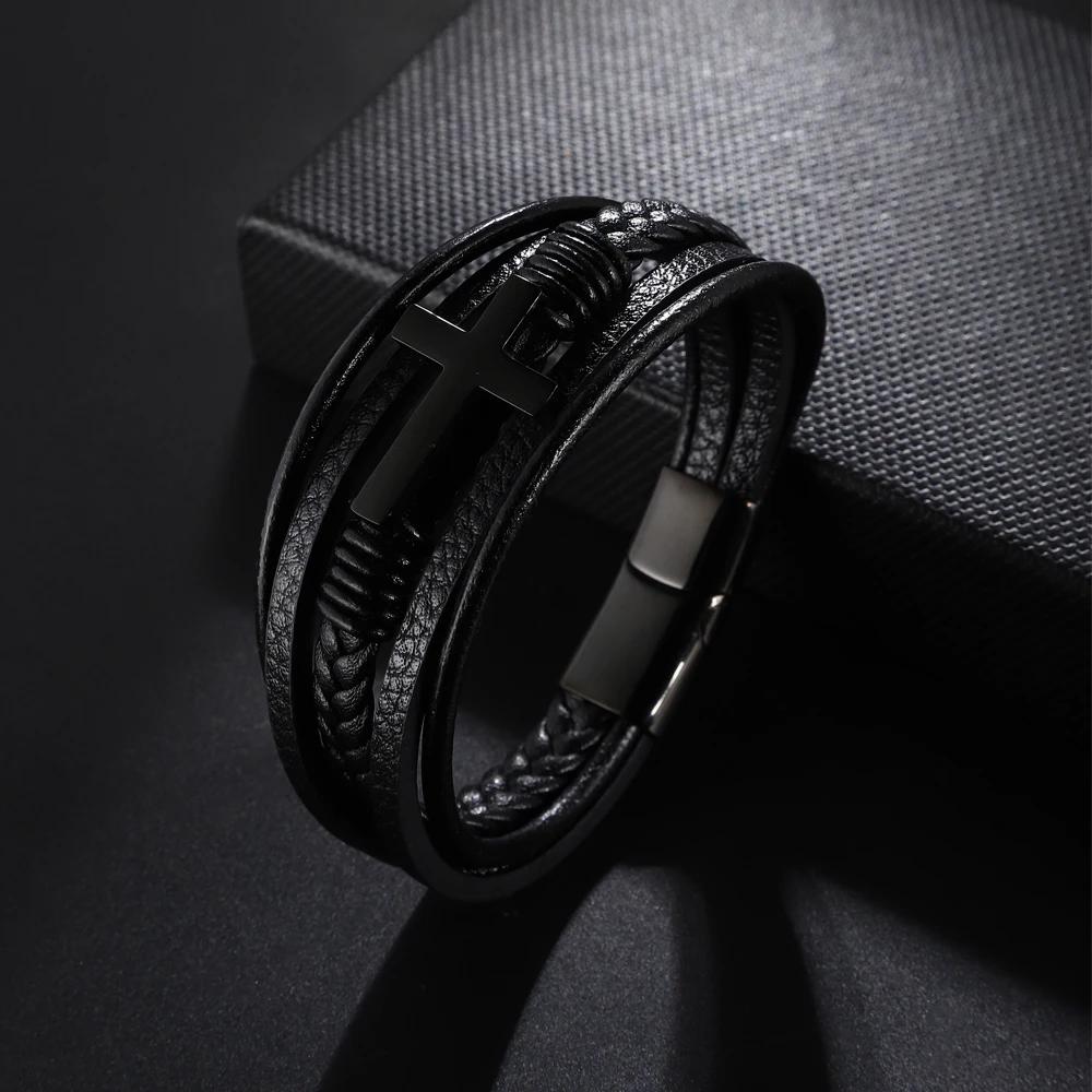 Модный мужской Многослойный кожаный браслет из нержавеющей стали в молитвенном