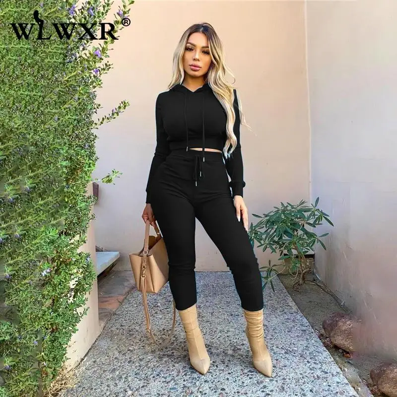 

WLWXR Autumn Black Ribbed 2 Two Piece Sets Tracksuit Womens Outfits Long Sleeve Hoodies Long Pants Suits Ladies Matching Sets