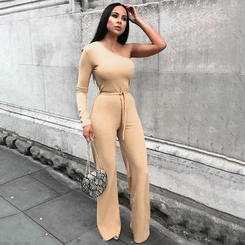Apricot WannaThis комбинезон с одним плечом, длинные рукава, тонкие широкие брюки, Осенние, абрикосовые, элегантные, повседневные, бандажные, кружевные, женский спортивный костюм - Цвет: Apricot