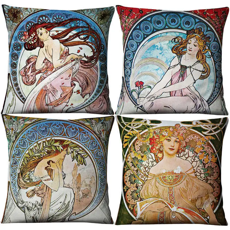classical mucha gallery beauty linen decorative throw green pillows case set decor home cartoon cushion covers for sofa car free global shipping