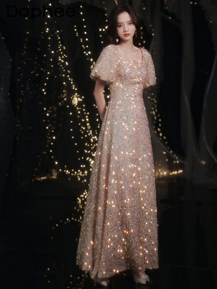 

High-End Banquet Wedding Dress Woman Square-Neck Puff Sleeve Sequin Bead Slim-Fit Long Vestido Autumn Winter Party Evening Dress