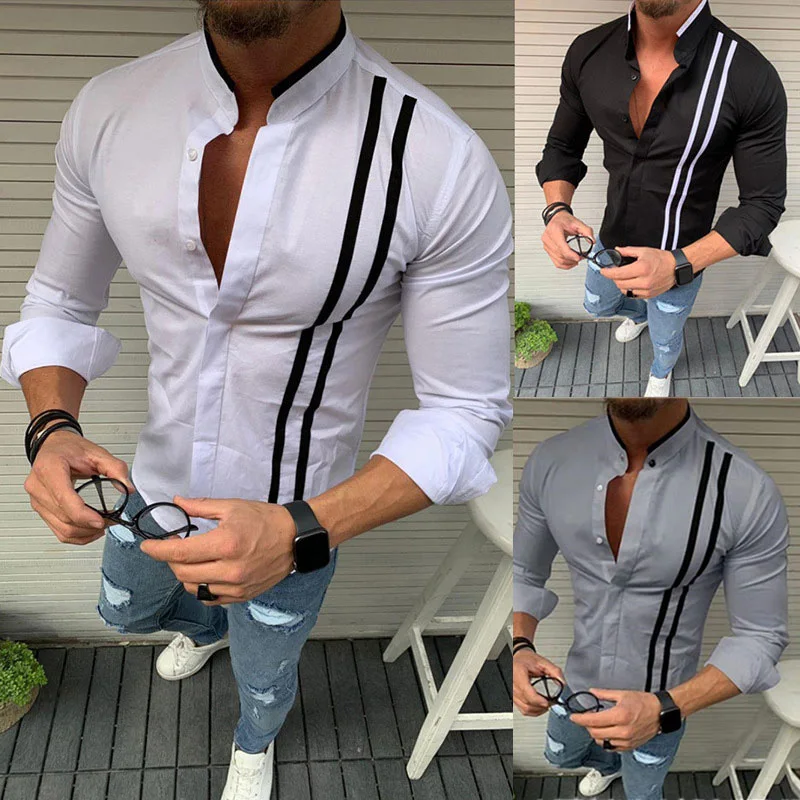 

Рубашка мужская приталенная с воротником-стойкой, Повседневная Формальная сорочка с длинным рукавом, на пуговицах, Топ