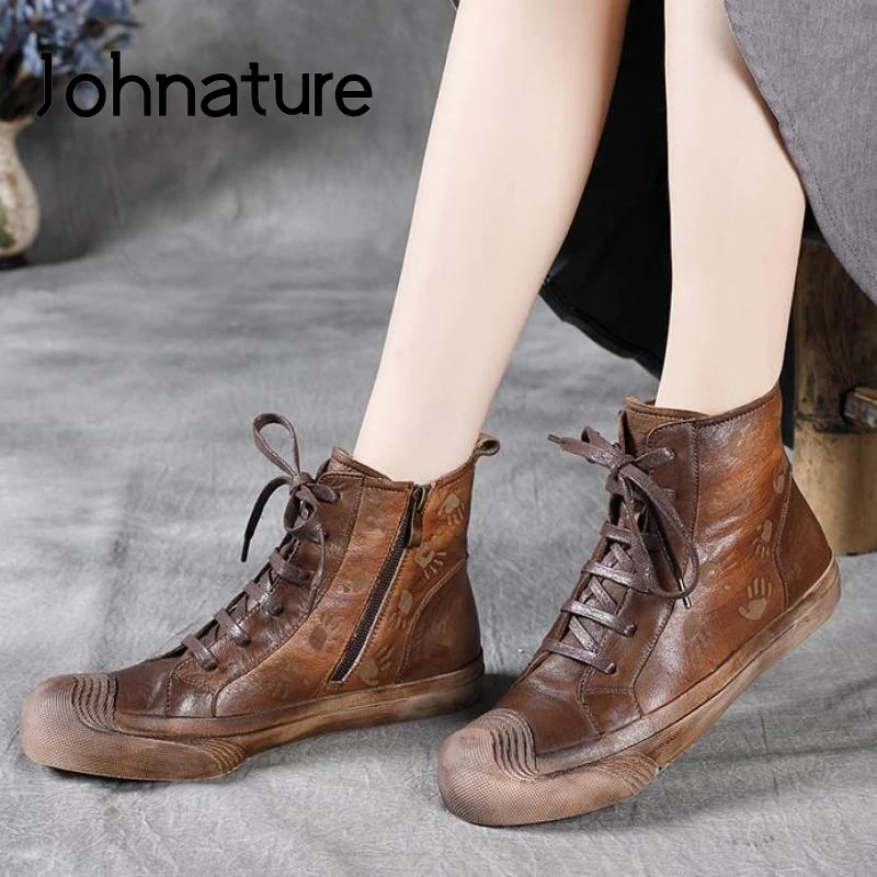 

Johnature Women Boots Lace-up Women Shoes 2022 New Genuine Leather Flat With Sewing Round Toe Handmade Ankle Platform Boots