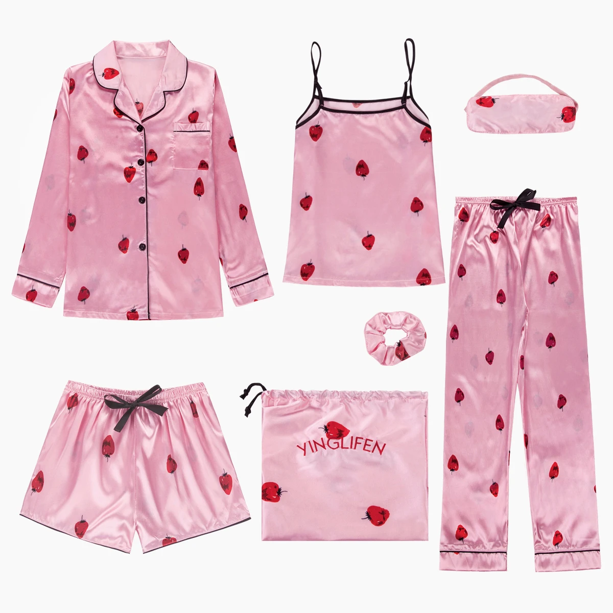

2021 New Pink Women's 7 Pieces Pajamas Sets Faux Silk Striped Pyjama Women Sleepwear Sets Spring Summer Autumn Homewear Clothes