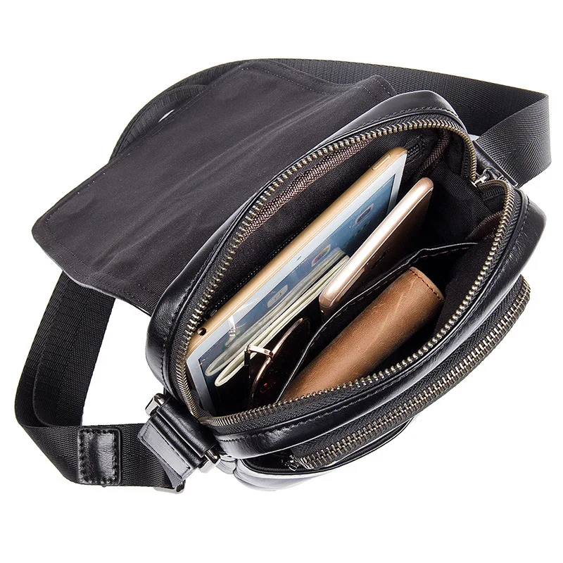 

Quality Cowhide Leather Small Men Crossbody Shoulder Bag Multiple Pockets Male Flap Packs For Ipad Mini Wallet Phone