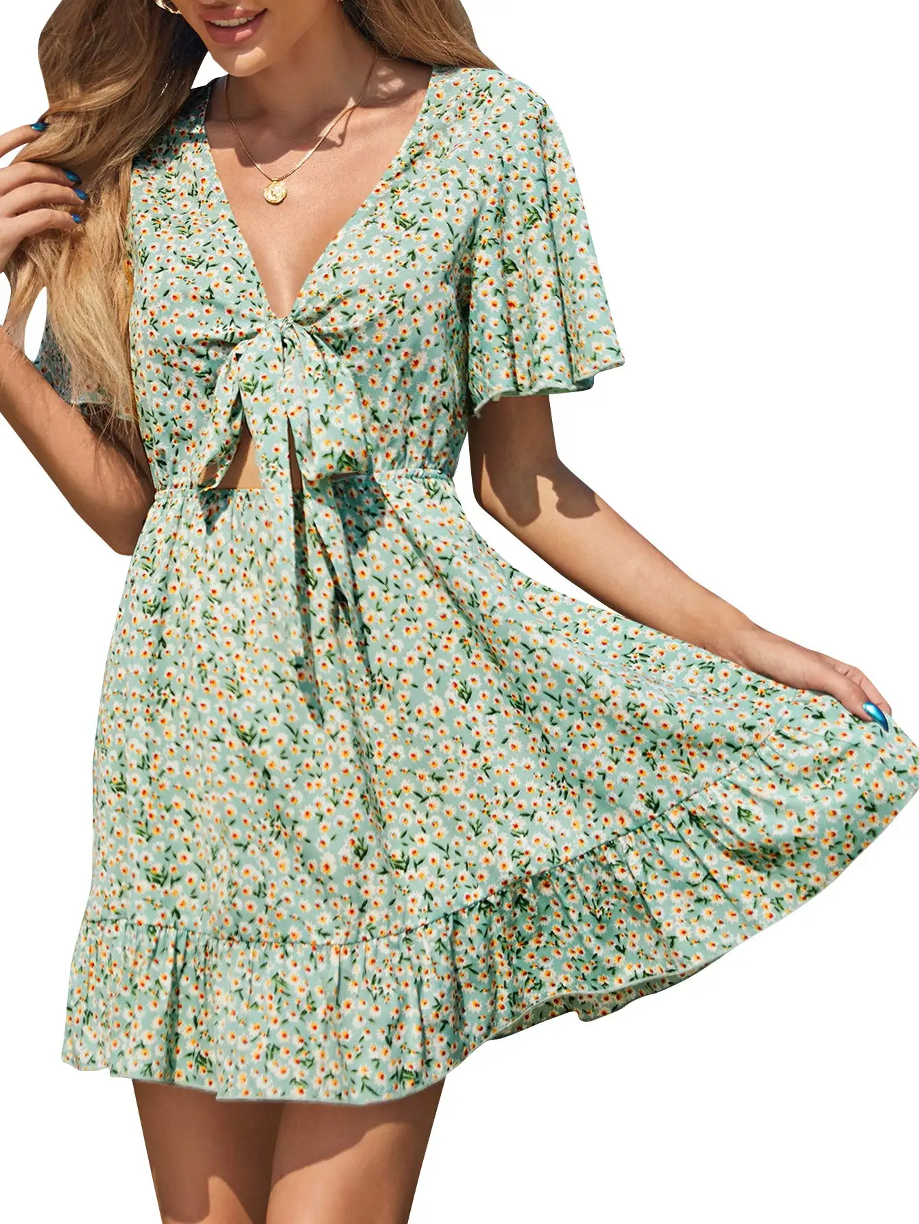 

Women's Deep V-Neck Short Sleeve Tie Front Floral Print Ruffle Hem Dress