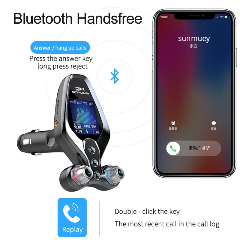 Handsfree Bluetooth 5.0 FM Transmitter One Key Power On/Off EQ Mode Car MP3 Music Player QC3.0 Dual USB Charger Folder | Автомобили и
