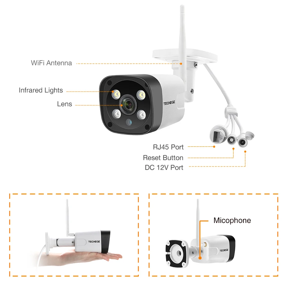 Techege, супер HD, 5MP, h.265, WiFi, проводная ip-камера, AI камера, обнаружение человека, двухстороннее аудио, водонепроницаемая ip-камера, бесплатный адаптер питания