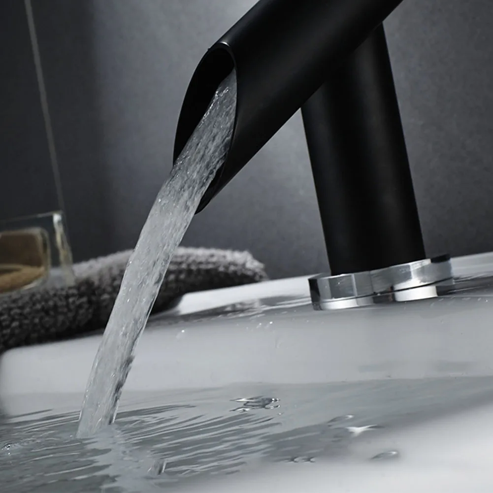 

Mixer Tap Brass Single Handle Basin Sink Faucet Small Black One Hole Hot Cold Waterfall Deck Mount Home Bathroom Kitchen Chrome