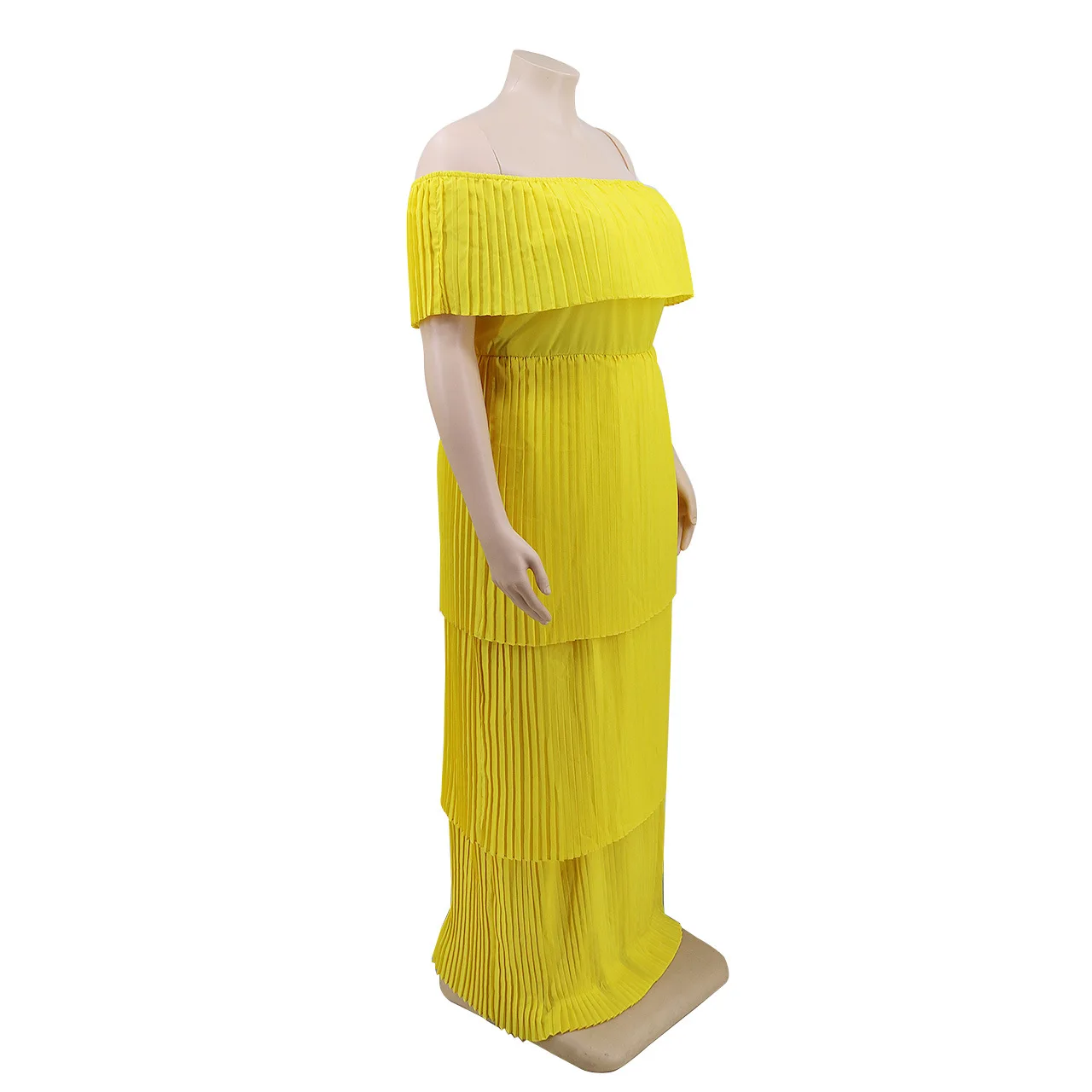 Желтое плиссированное платье с открытыми плечами и оборками для женщин размера
