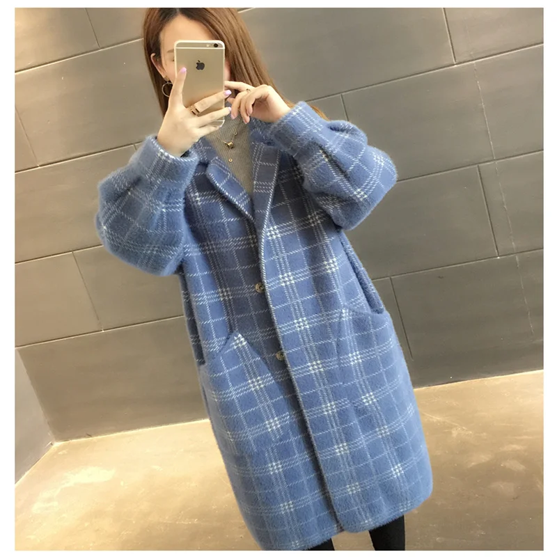 

Winter Women Imitation Mink Velvet Long Coat Lady Chic Thick Loose Plaid Overcoat Female Plus Size Pocket Mujer Cardigan Tops