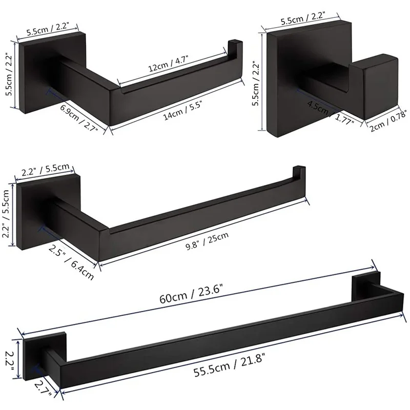 

ROVATE 304 Stainless Steel 4 Pieces Bathroom Hardware Accessories Set Wall Mounted Towel Bar Set, Matte Black