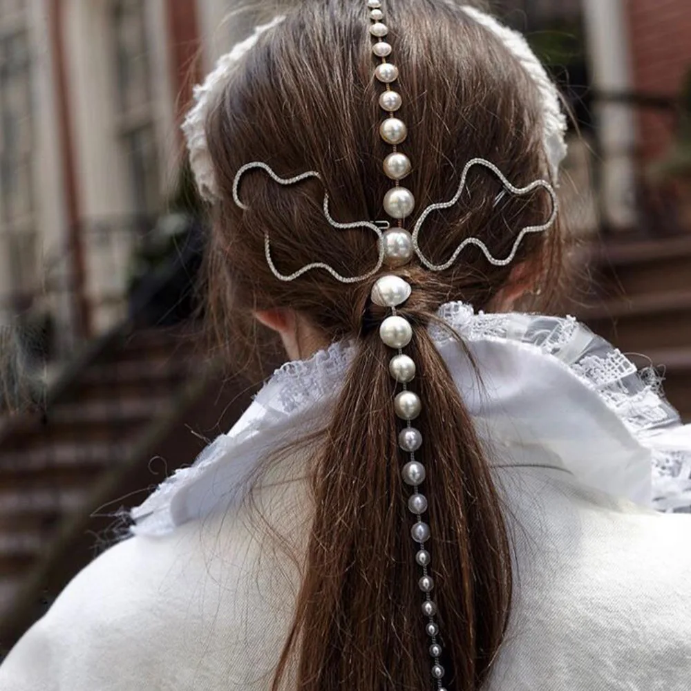 

New Fashion Pearls Tassel Hair Clips Long Gold Chain Hair Comb Hairpins Claws Party Hair Accessories Jewelry for Women Gift