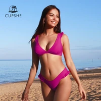 cupshe solid rose red ruffled thong bikini sets sexy low waist bikini swimsuit two pieces swimwear women 2021 beach bathing suit