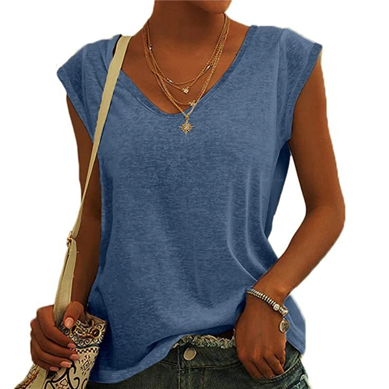 

Майка женская однотонная с V-образным вырезом, модный пикантный свободный удобный дышащий Топ без рукавов, на лето