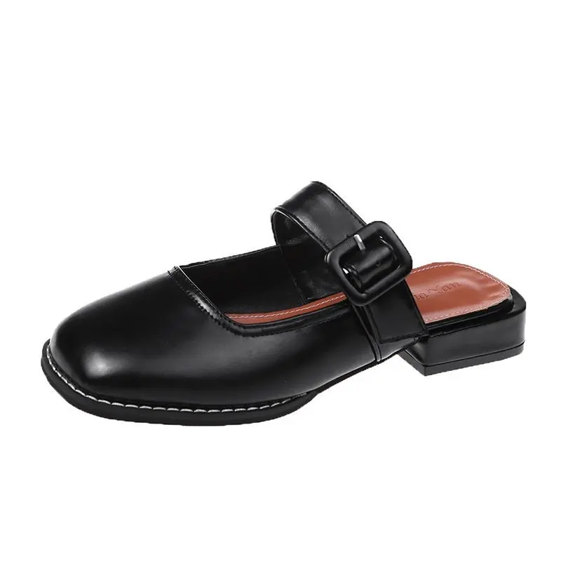 

Female Shoes Cover Toe Ladies' Slippers Low Luxury Slides Square heel 2021 Designer Block Mary Janes PU Retro Rome Fabric Hoof H