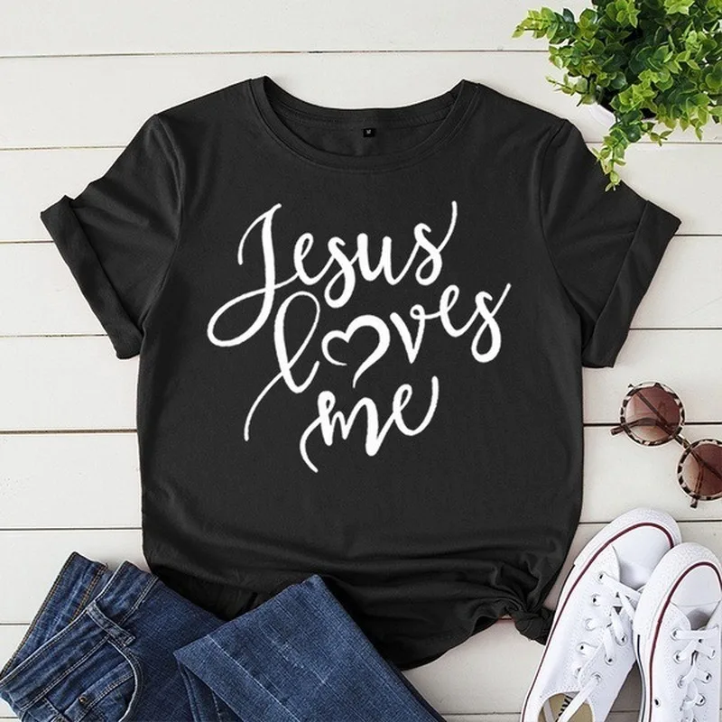 

Women T Shirt Jesus Loves Me Letter Print Tshirt Women Short Sleeve O Neck Loose T-shirt Ladies Summer Causal Tee Shirt Clothes