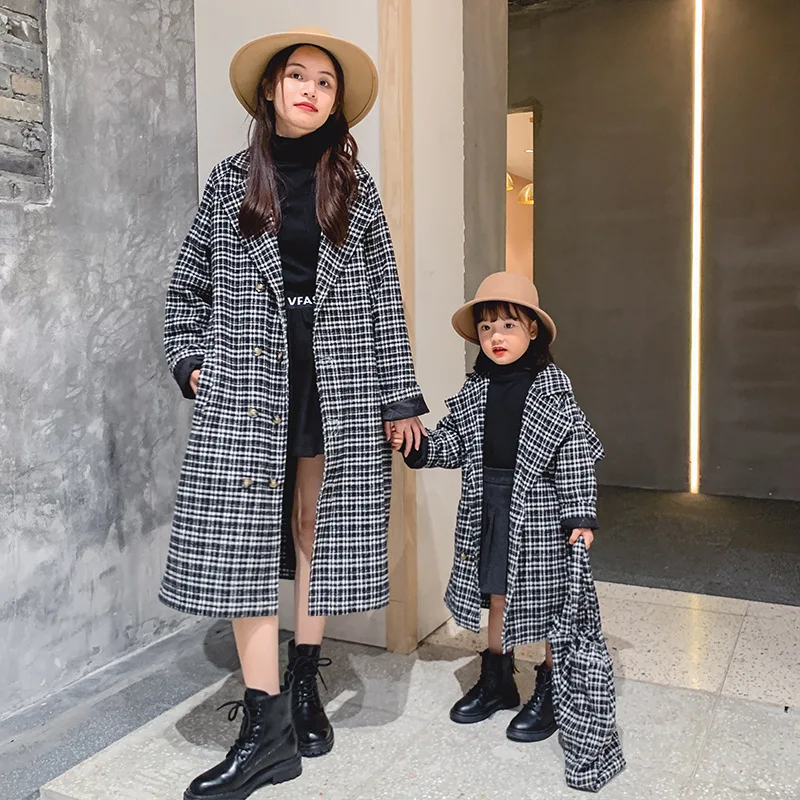 

Mom and Girl Matching Clothes Plaid Woolen Coat Long Autumn Coat Family Same Clothing 2021 Korean Style Baby Kids Children