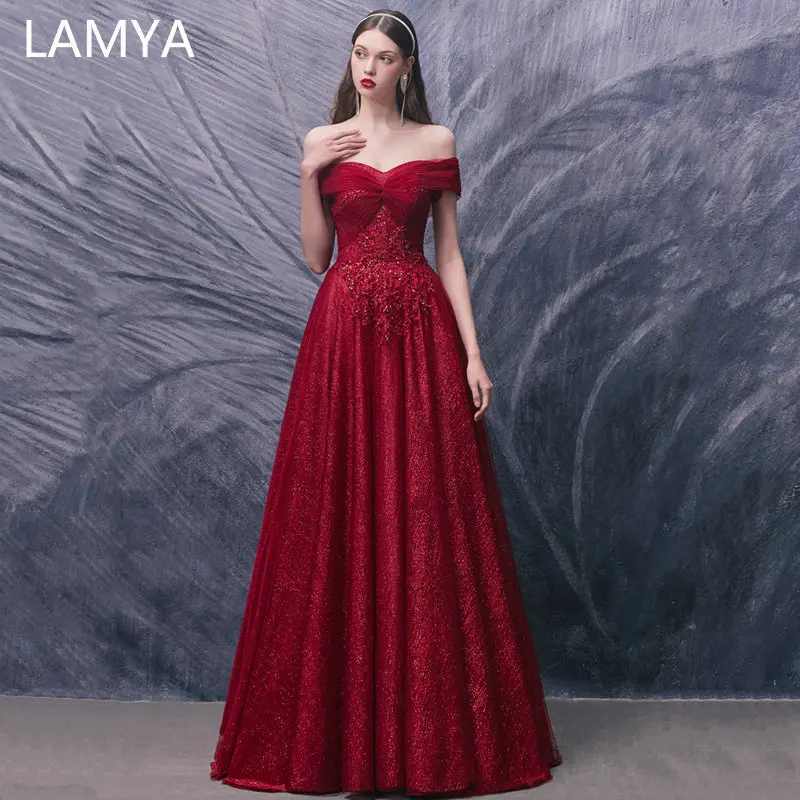

LAMYA Evening Dresses Burgundy Off the Shoulder Beading Bling Formal Gown A-Line Floor Length Customized Ruched Robe De Soiree
