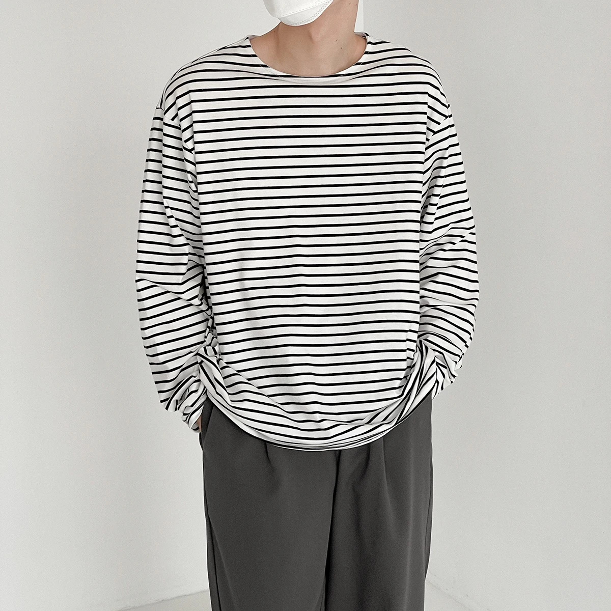 

Collarless striped T-shirt men's spring long-sleeved bottoming shirt loose wild Korean trend ins shirt