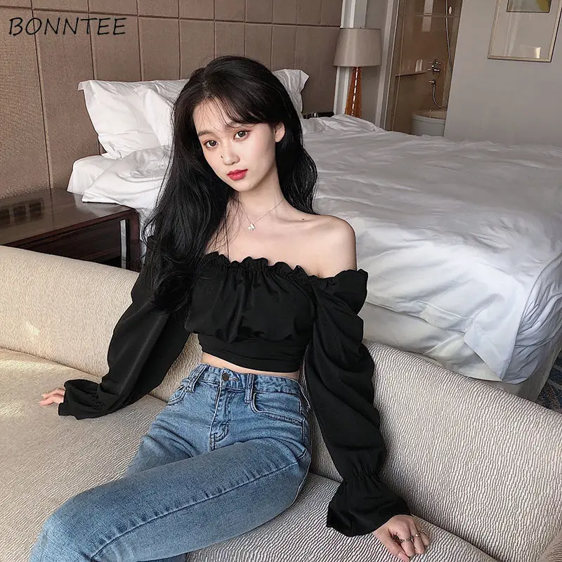 

Blouses Women Black Puff Sleeve Sexy Ladies Lovely Trendy Slim Cropped Top Summer New Arrival Square Collar Chiffon Elegant Ins