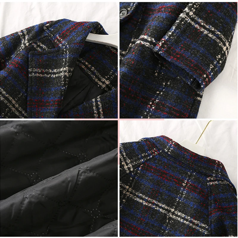 

Large Women New Autumn Winter Woolen Overcoat Turn Down Collar Slim Plaid Blends Coat Fashion Loose Xl-5XL Female Office Jacket
