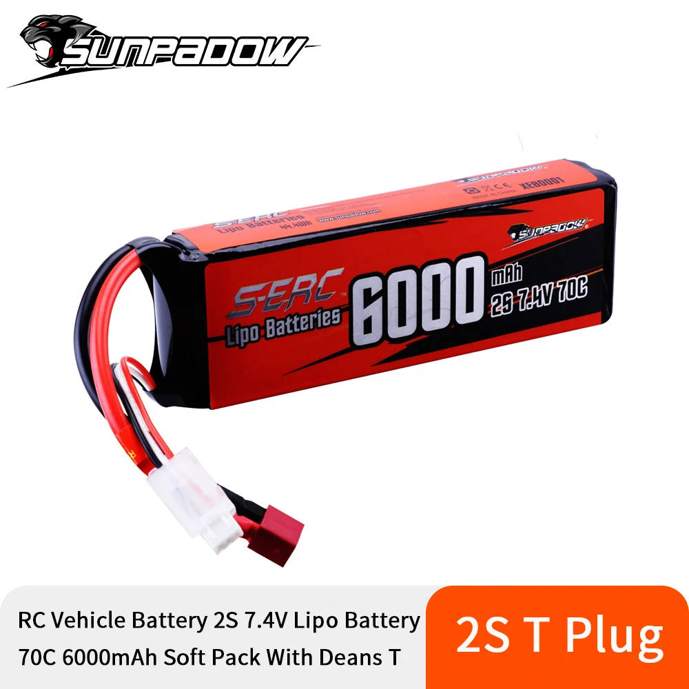 Sunpadow 2S Lipo Battery 7.4V 6000mAh 70C Soft Pack with Deans T Plug for RC Car Boat Airplane Truck Tank Vehicle Truggy Buggy