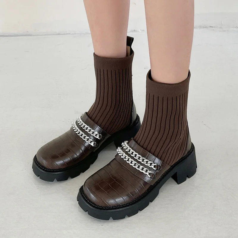 

Носки, эластичная женская обувь, осенняя кожаная обувь на толстой подошве, короткие вязаные шерстяные тонкие сапоги, женская обувь