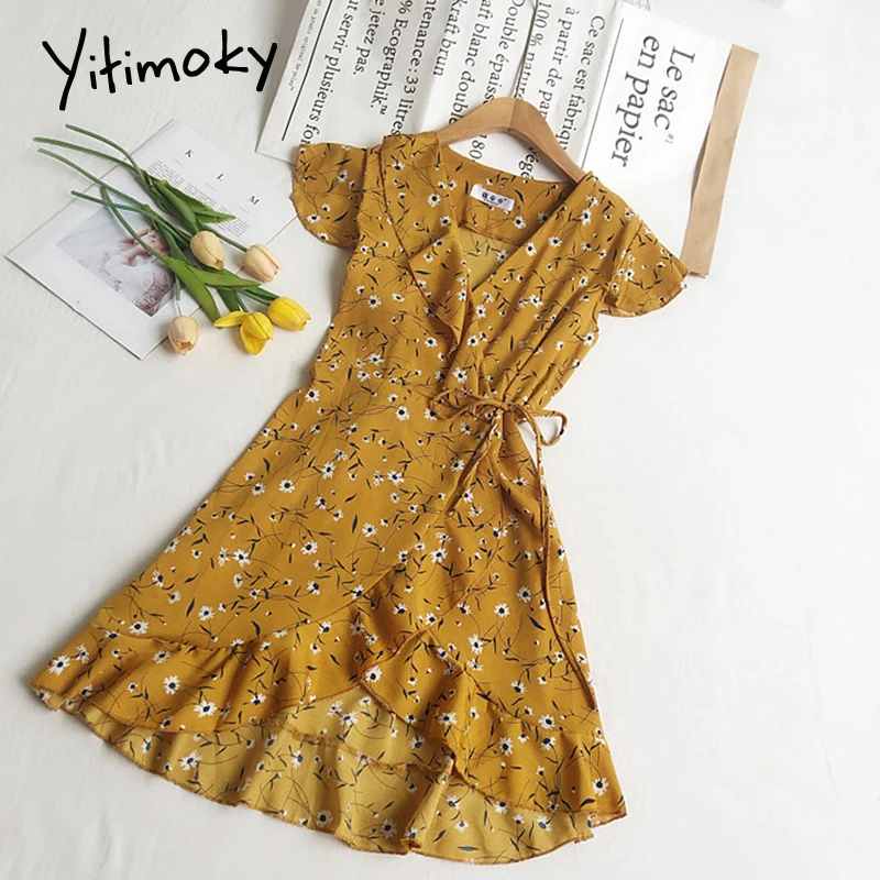 

Платье Yitimoky женское с цветочным принтом, Элегантное повседневное желтое модное платье с оборками, кружевным рукавом и V-образным вырезом, ле...