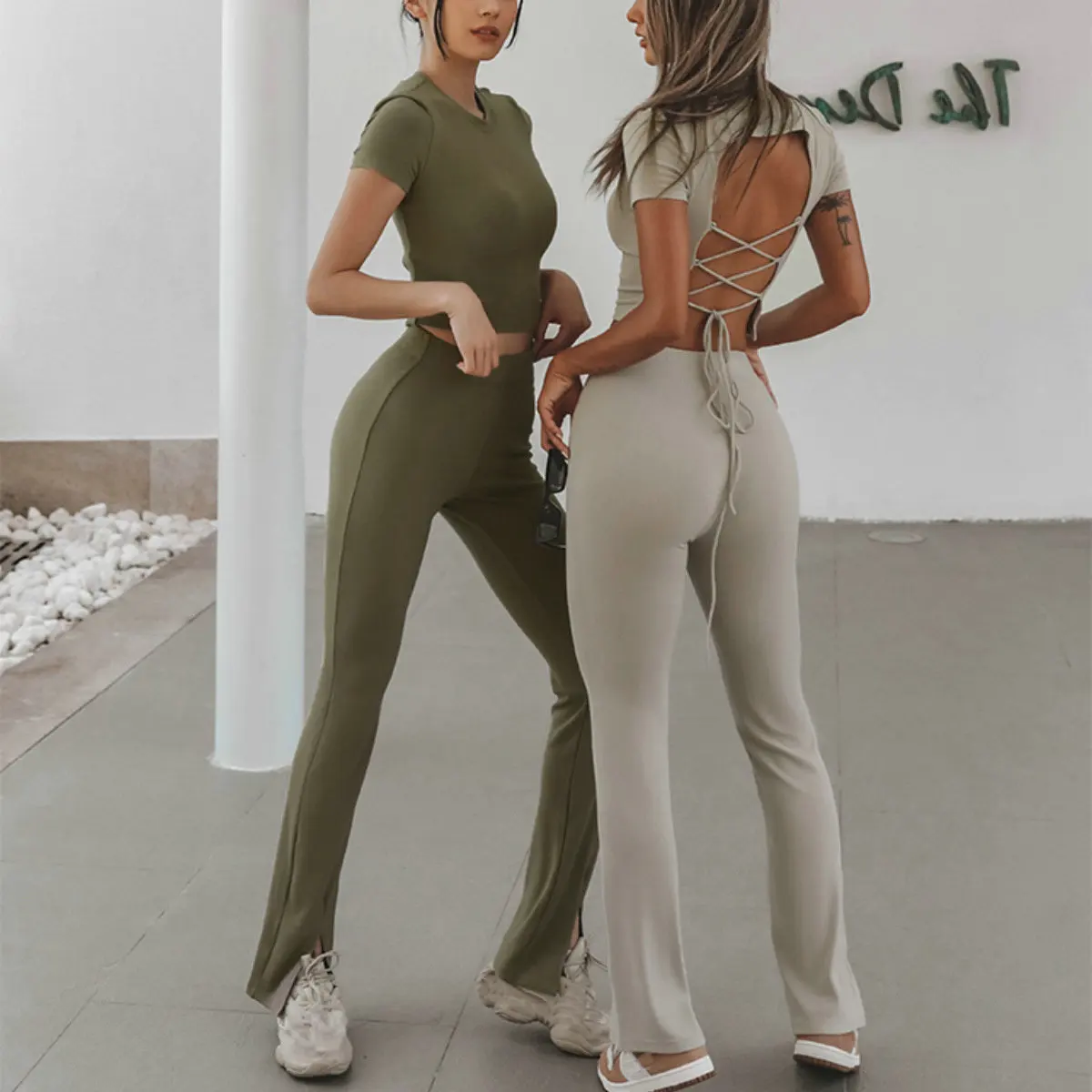 

Sexy Short Sleeve Crop Top +Long Pants Set Summer Women Backless Tops and Pants Long Casual Two Piece Set Tracksuit