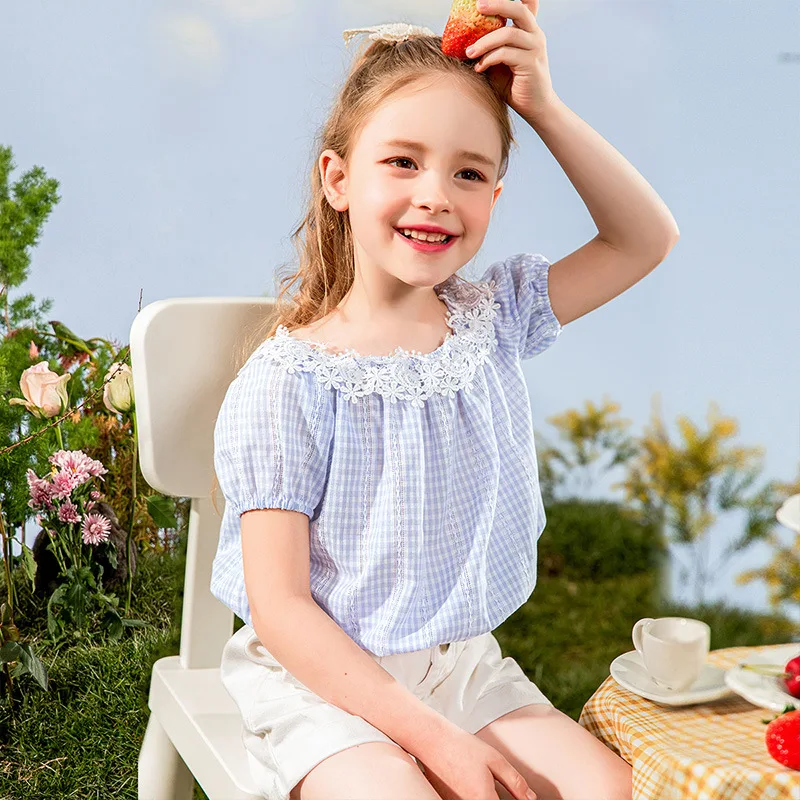 

Summer Lace Light T Shirts For Girls Plaid Print Short Sleeve Thin Tops 3 - 12 Years Kids Fashion Casual Tshirt School Uniform