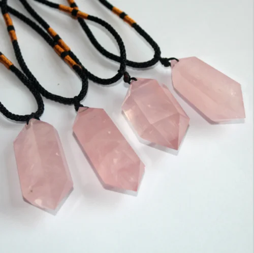 

Natural Rose Quartz Crystal Wand Pendant Necklace with Pink Healing Reiki Stone