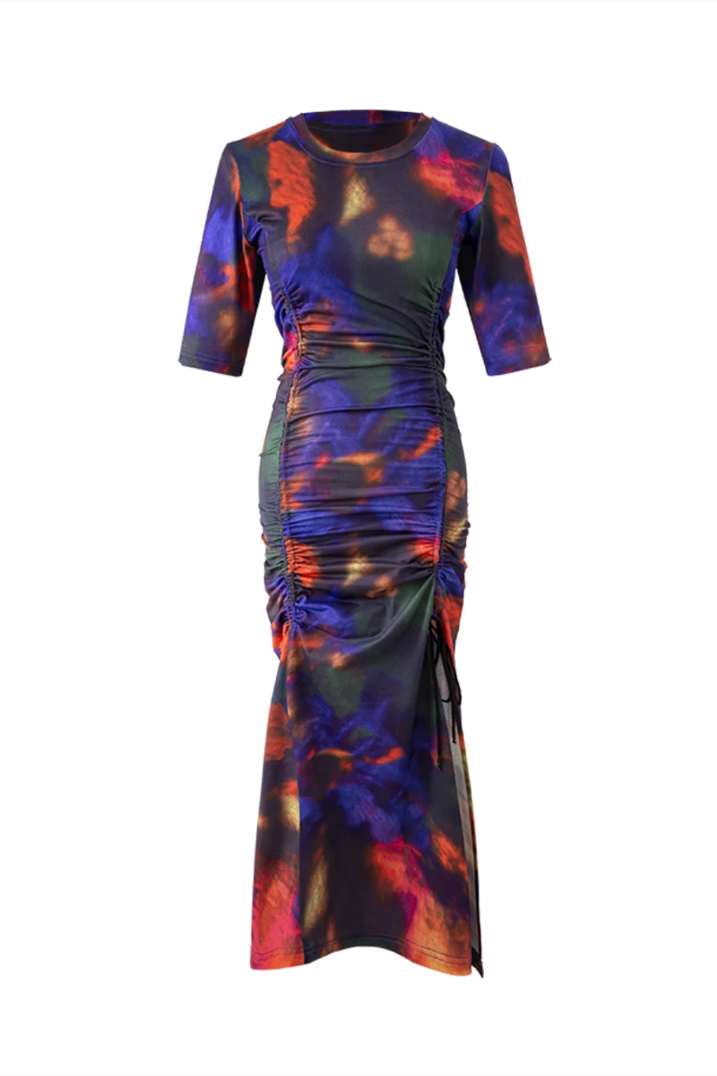 

[DEAT] new summer fashion women printed vintage styles round neck short sleeves drawstring long dress vacation vestido WR61109