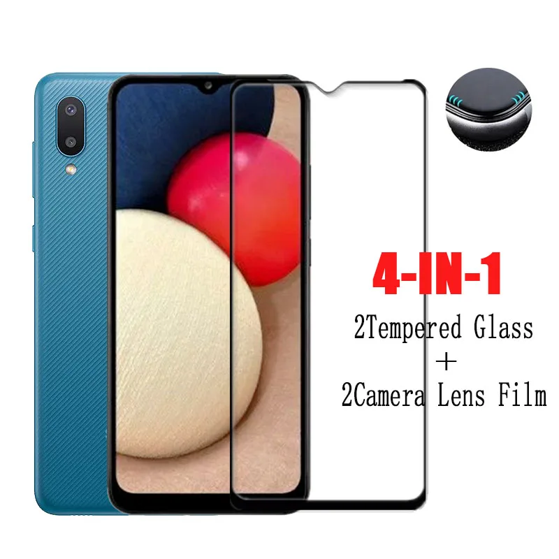 Cristal templado con pegamento completo para Samsung Galaxy A02, Protector de pantalla de tel&eacute;fono, pel&iacute;cula protectora de lente de c&aacute;mara para A02-0