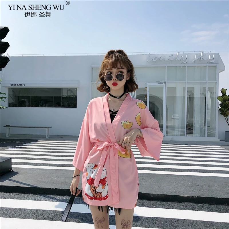 

Cute Lucky Cat Kimono Streetwear Cardigan Harajuku Robe Japanese Style Clothes Summer Men Women Black Pink Jacket Tops Japan