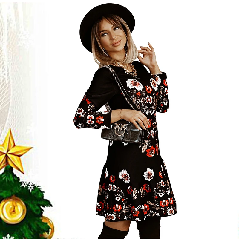

Autumn Winter Women Christmas Dress 2021 New Fashion O-neck Long Sleeve Floral Print Lady Casual Mini Dress For Woman Robe Femme