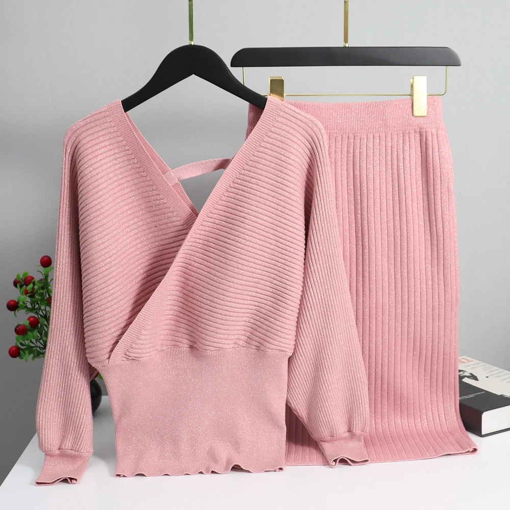 

GIGOGOU 2 Pieces Set Knitted Pullover Sweater Lurex Shinning Knit Jumper Tops and Skirt Suits Fashion V Neck Sexy Tracksuits