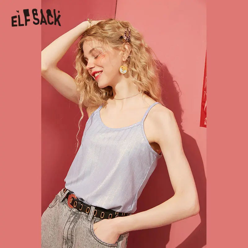 ELFSACK Purple Solid Skinny Jersey Sling Women Tank 2020 Spring New Blue Pure Bright Sleeveless Sexy Ladies V Neck Camis Tops | Женская
