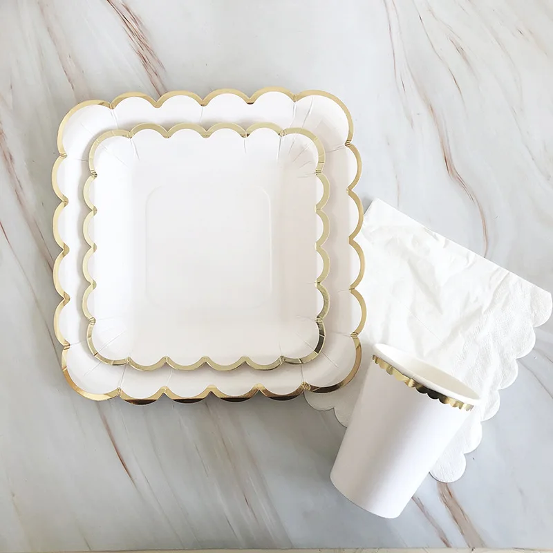 Креативные белые одноразовые столовые приборы квадратные тарелки с золотистым